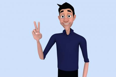#PraCegoVer: Boneco digital de figura humana faz sinal de V com os dedos da mão direita e sorri. O desenho é o avatar do software VLibras.