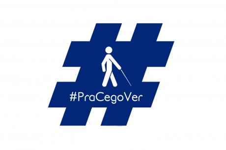 #PraCegoVer: Ilustração de hashtag na cor azul com o desenho de uma pessoa com deficiência segurando uma bengala. Embaixo está escrito a hashtag Pra Cego Ver