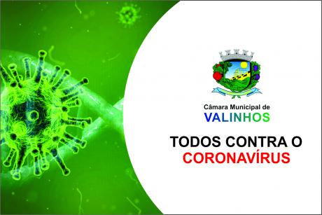 #PraCegoVer: Arte mostra de um lado a ilustração gráfica do coronavírus, com predominância da cor verde, e de outro o logo da Câmara Municipal, seguido dos dizeres "Todos contra o Coronavírus".