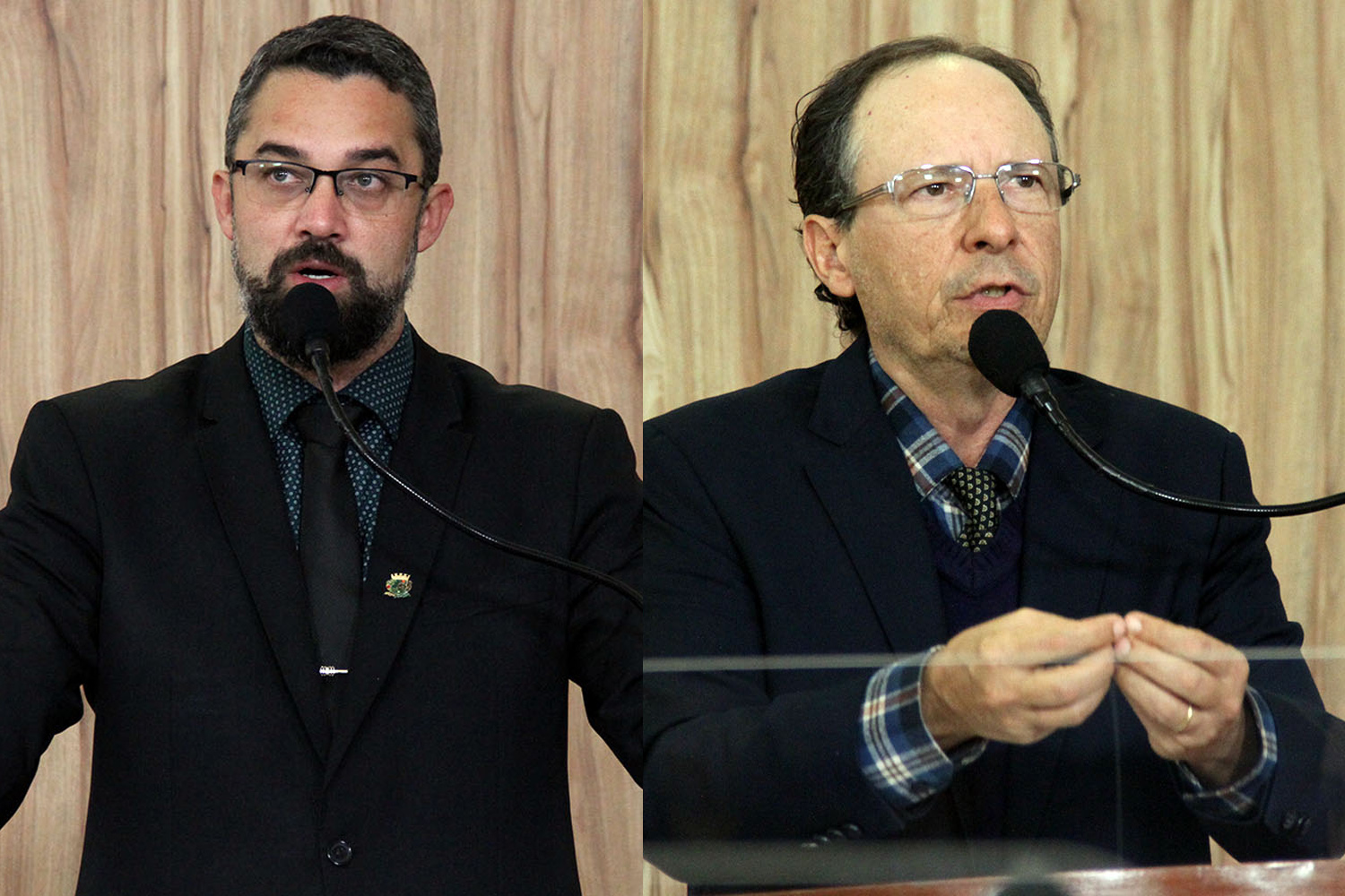 #PraCegoVer: foto-montagem mostra os vereadores Alécio Cau e Henrique Conti lado a lado. Ambos usam a tribuna da Câmara.