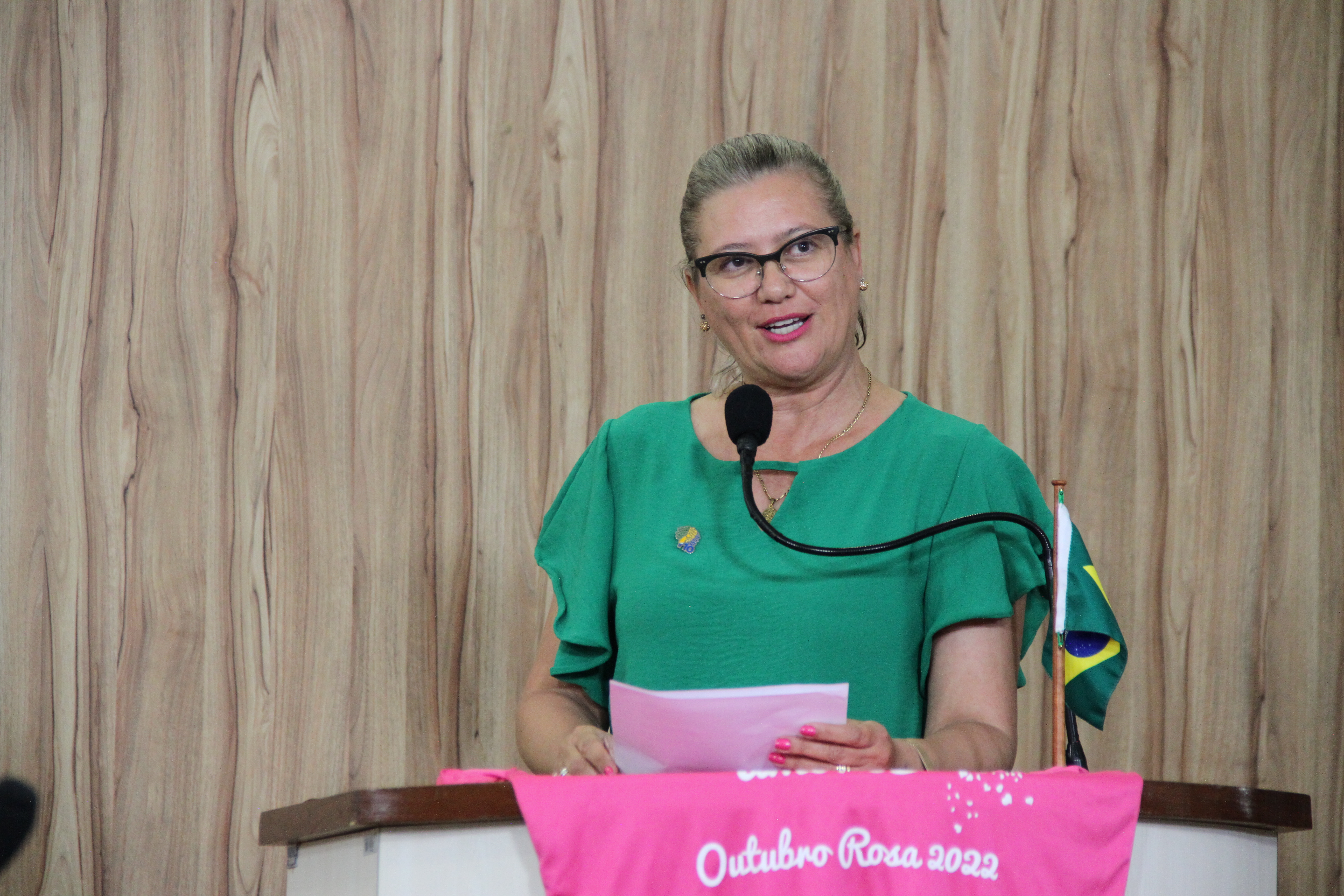 #PraCegoVer: foto mostra a vereadora Simone Bellini discursando na tribuna da Câmara. Em cima da tribuna, ela colocou uma camiseta rosa, em referência ao Outubro Rosa, e uma bandeirinha do Brasil.
