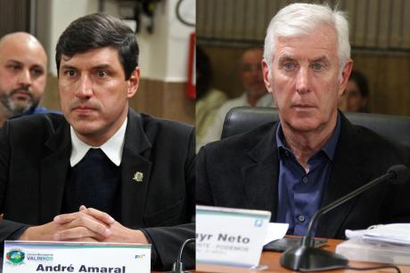 #PraCegoVer: foto-montagem mostra o vereador André Amaral à esquerda e o vereador Mayr à direita. Ambos acompanham a sessão ordinária.